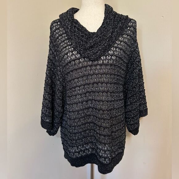Madison Woman Black Silver Metallic 1X Sweater Cowl Neckline Short Sleeve - Picture 1 of 5